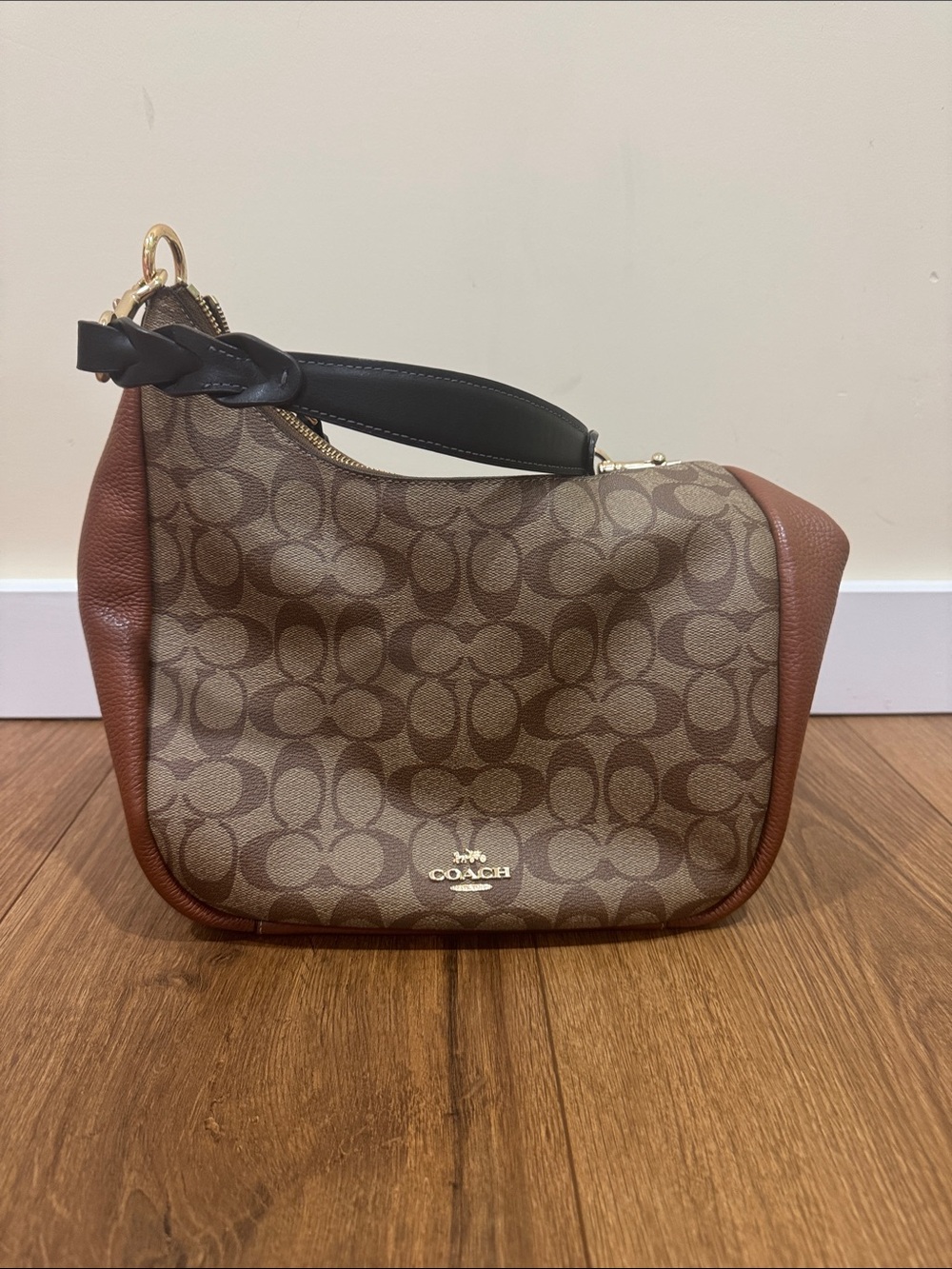 Coach Brown Signature Canvas Shoulder Bag with Black Strap